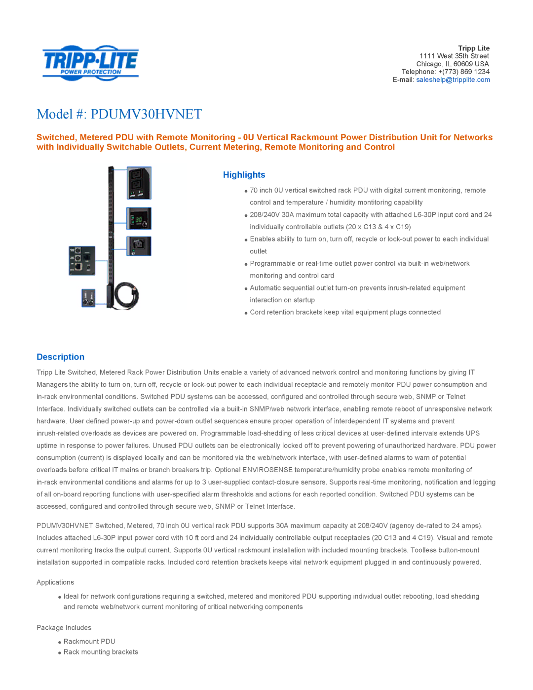 Tripp Lite PDUMV30HVNET manual Highlights, Description 