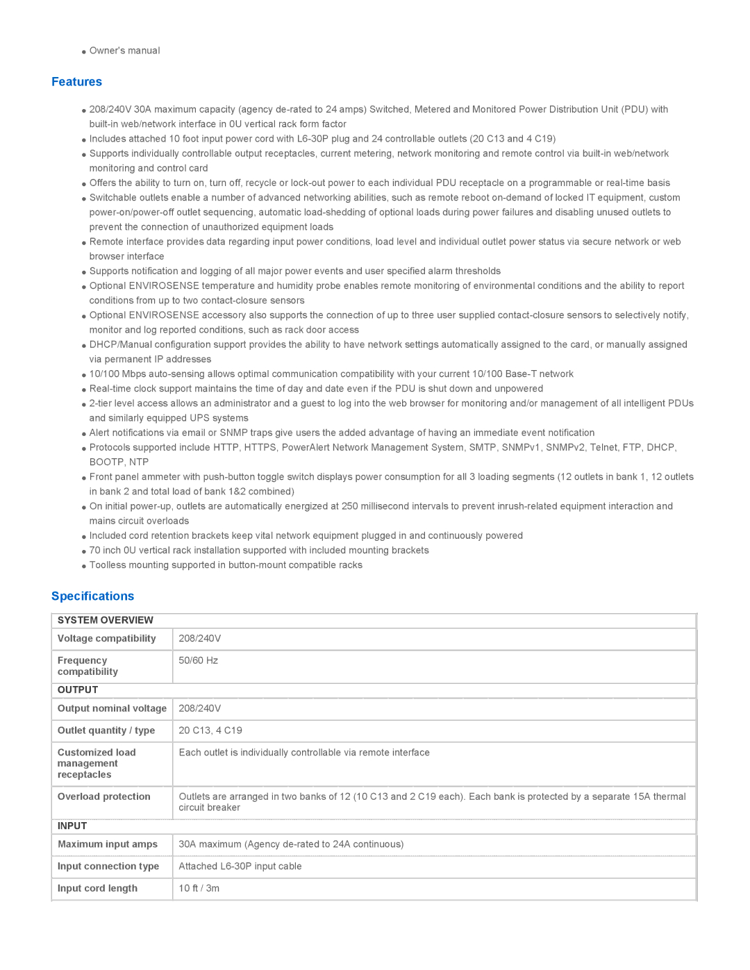 Tripp Lite PDUMV30HVNET manual Features, Specifications, System Overview, Output, Input 