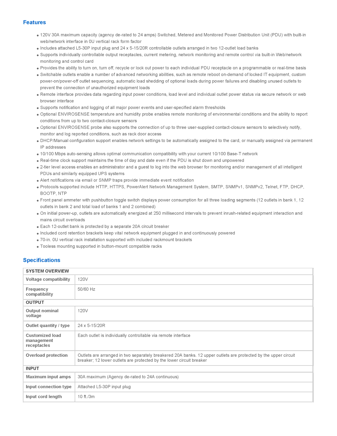 Tripp Lite PDUMV30NET manual Features, Specifications, System Overview, Output, Input 