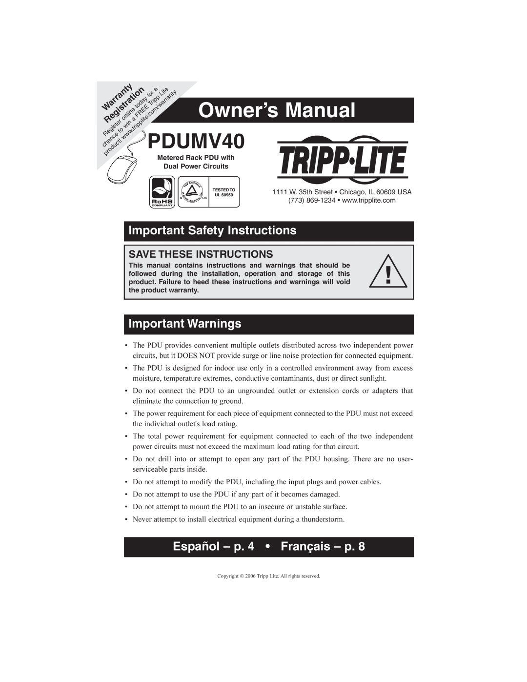 Tripp Lite PDUMV40 owner manual Important Safety Instructions, Important Warnings, Español - p. 4 Français - p, Warranty 