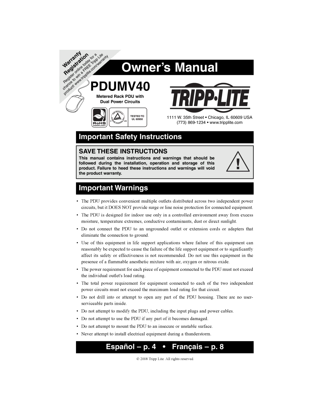 Tripp Lite PDUMV40 owner manual Important Safety Instructions, Important Warnings, Español p Français p 