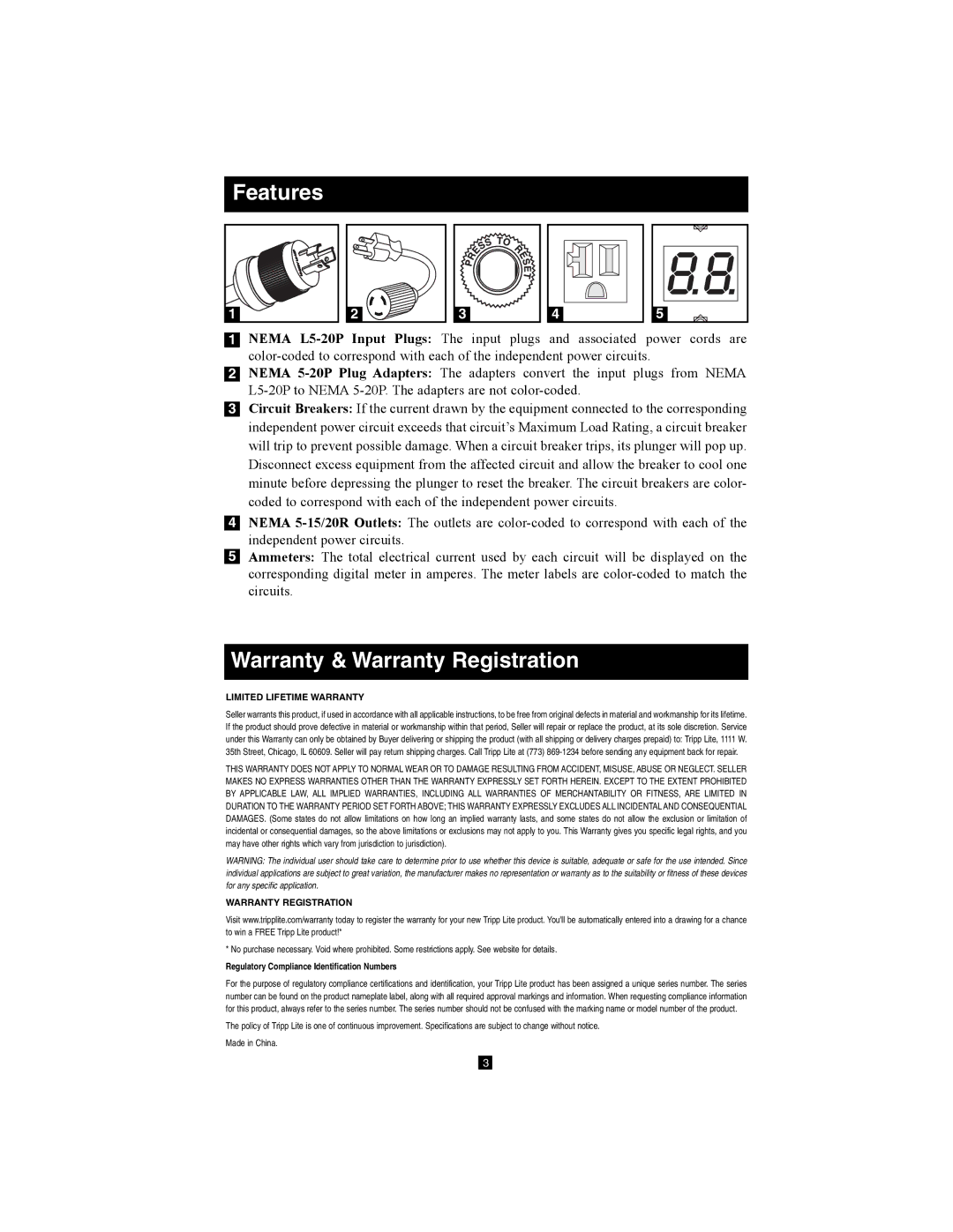 Tripp Lite PDUMV40 owner manual Features, Warranty & Warranty Registration, Limited Lifetime Warranty 