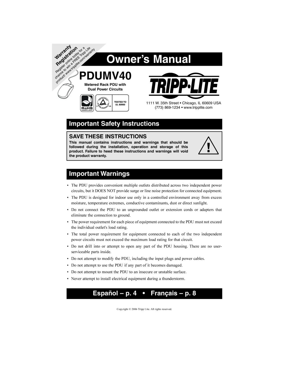 Tripp Lite PDUMV40 owner manual Important Safety Instructions, Important Warnings, Español p Français p 