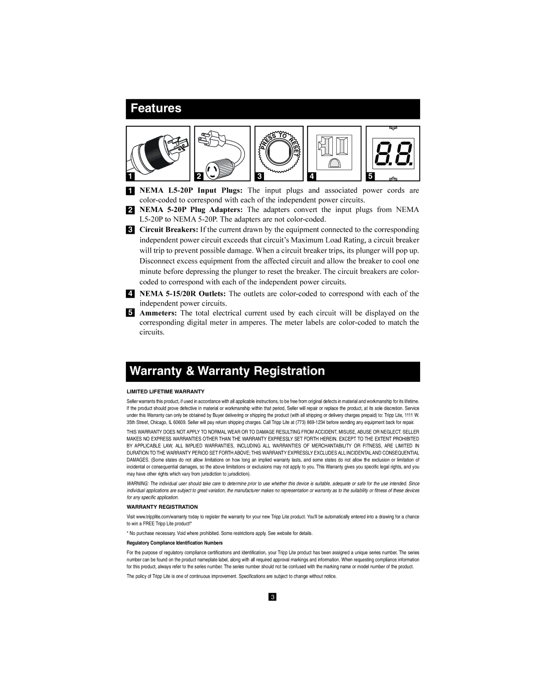 Tripp Lite PDUMV40 owner manual Features, Warranty & Warranty Registration 