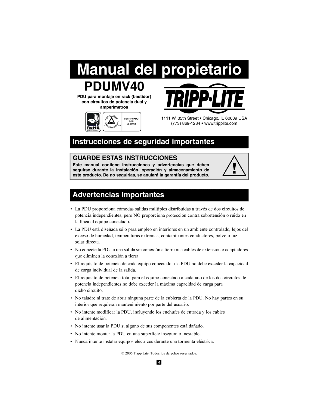 Tripp Lite PDUMV40 owner manual Instrucciones de seguridad importantes, Advertencias importantes 