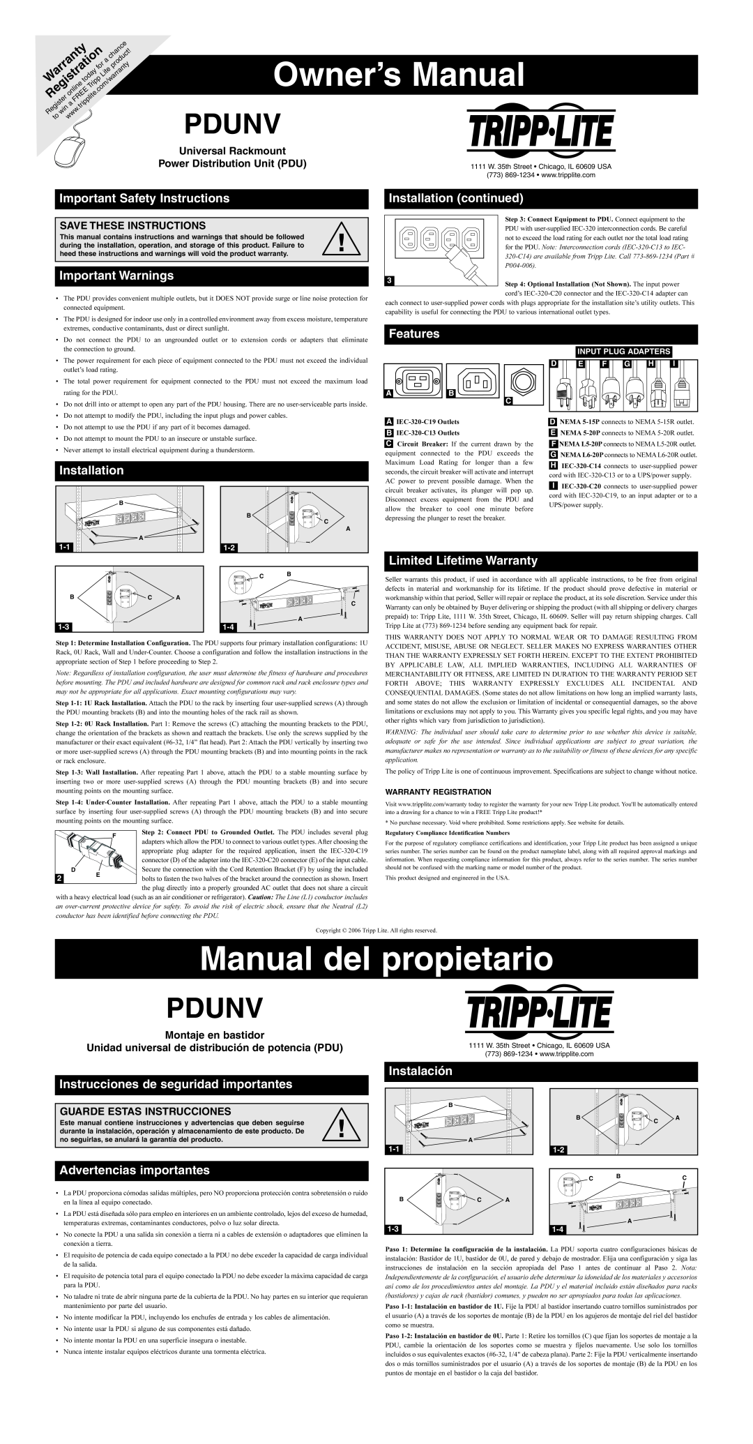 Tripp Lite PDUNV owner manual Owner’s Manual, Manual del propietario, Pdunv, Important Safety Instructions, Installation 