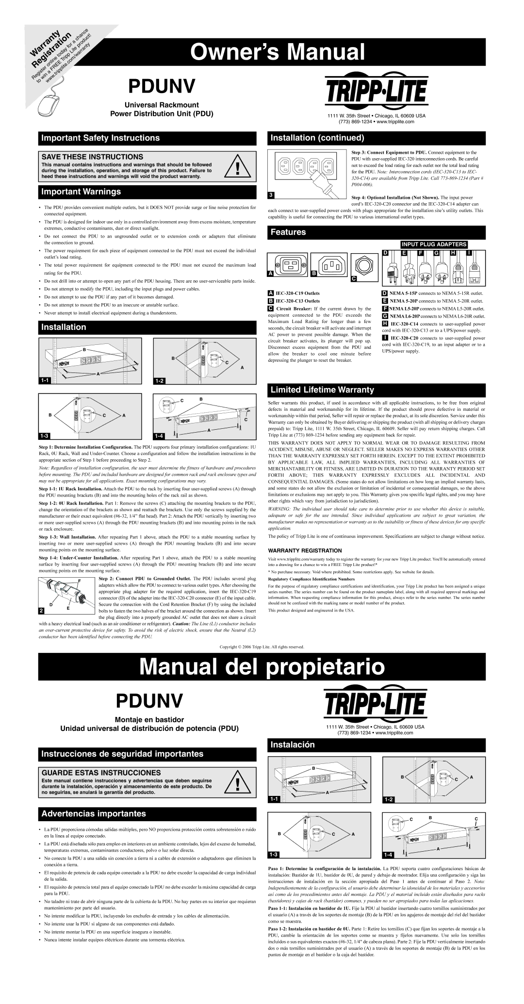 Tripp Lite PDUNV owner manual Important Safety Instructions Installation, Important Warnings, Features 