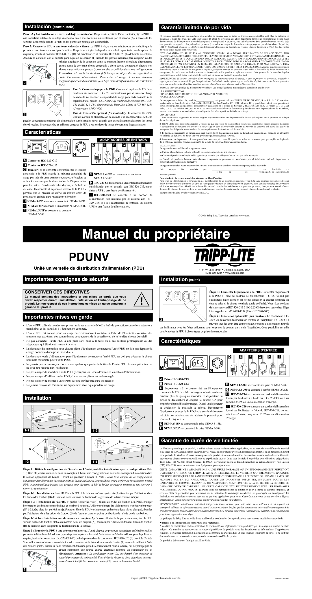 Tripp Lite PDUNV Instalación continuado, Características Garantía limitada de por vida, Importantes consignes de sécurité 