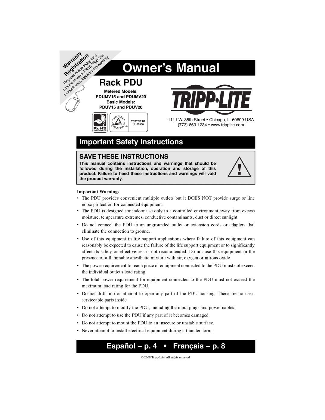 Tripp Lite PDUV20 owner manual Important Safety Instructions, Español - p. 4 Français - p, Owner’s Manual, Rack PDU 