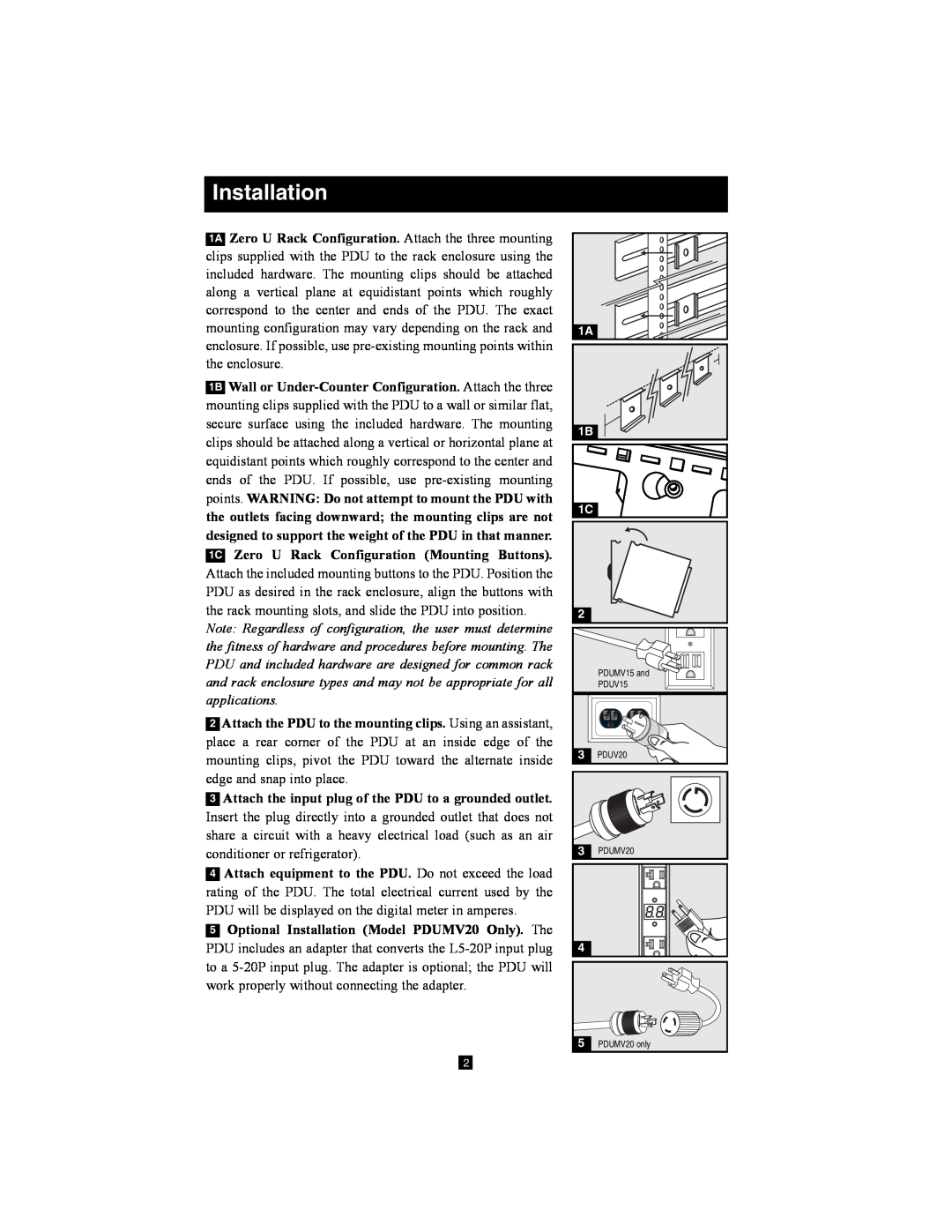 Tripp Lite PDUV15, PDUV20 owner manual Installation 