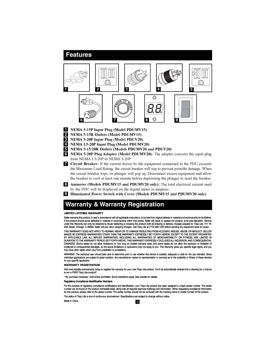 Tripp Lite PDUV20, PDUV15 owner manual Features, Warranty & Warranty Registration, Limited Lifetime Warranty 