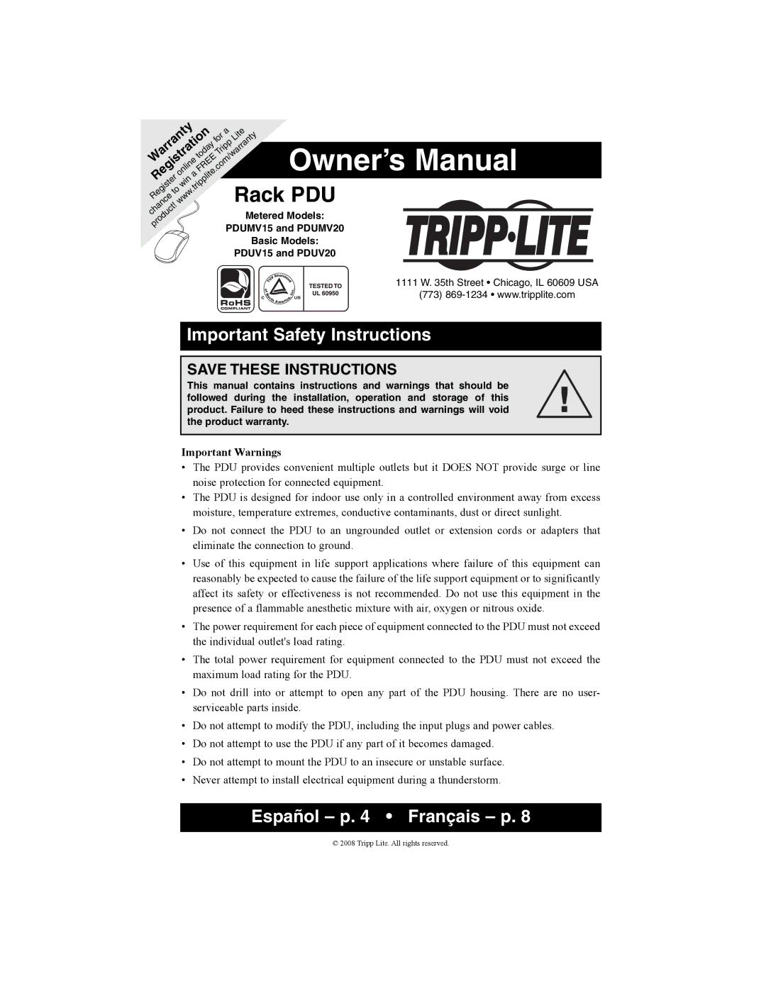 Tripp Lite PDUV20, PDUV15 owner manual Rack PDU, Important Safety Instructions, Español p Français p, Important Warnings 