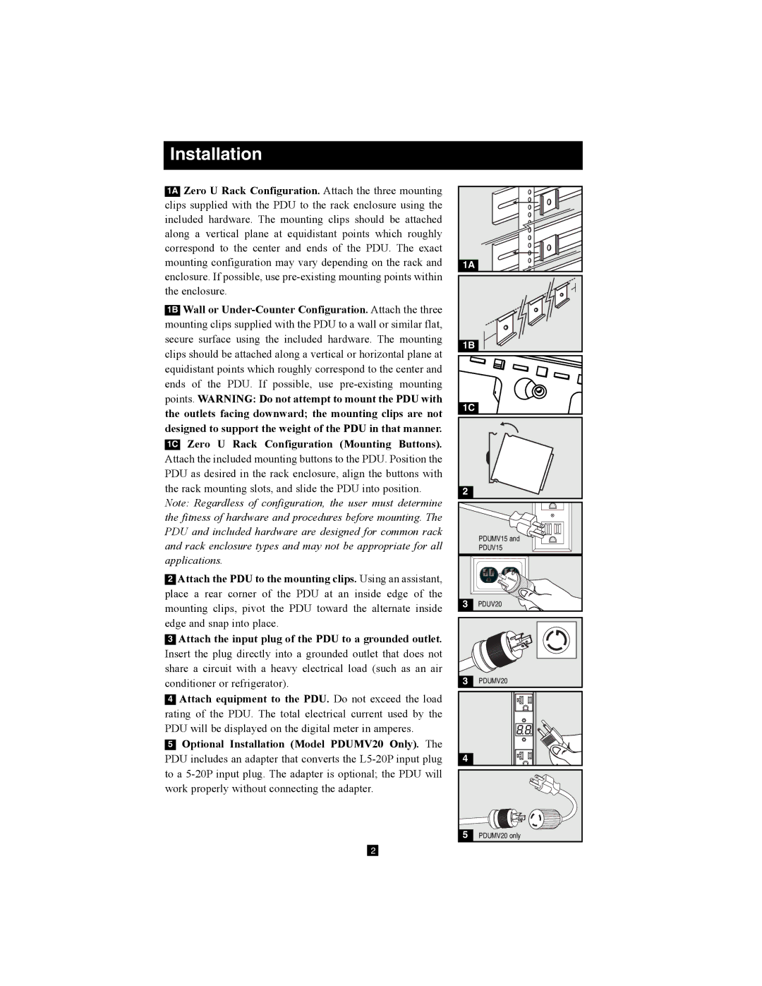 Tripp Lite PDUV15, PDUV20 owner manual Installation 