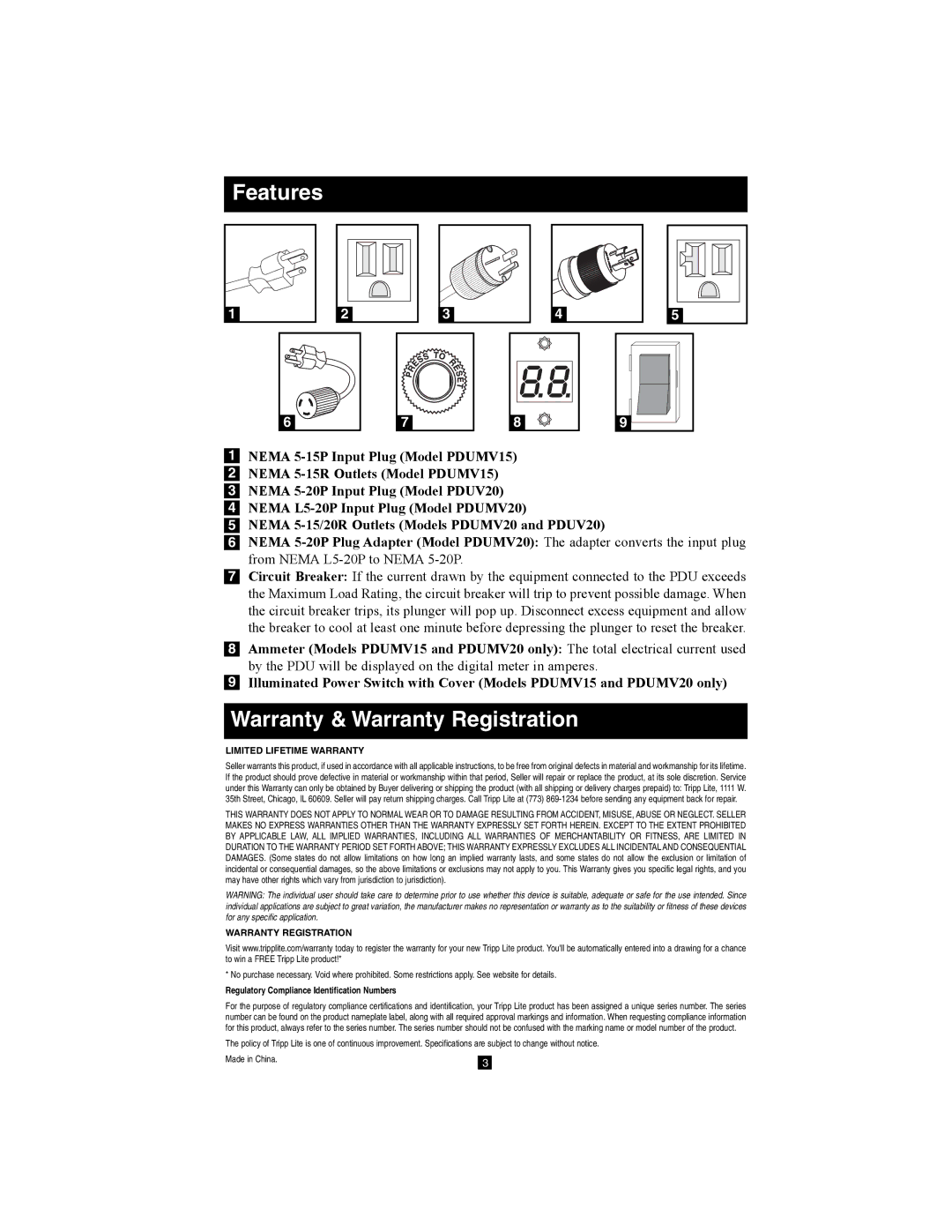 Tripp Lite PDUV20, PDUV15 owner manual Features, Warranty & Warranty Registration, Limited Lifetime Warranty 