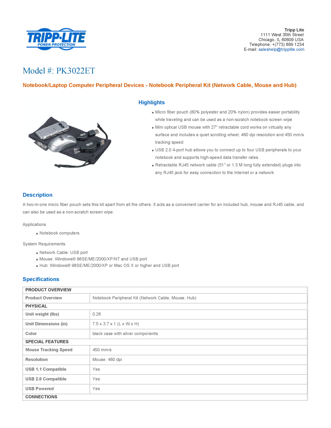 Tripp Lite specifications Product Overview, Physical, Special Features, Connections, Model # PK3022ET, Highlights 