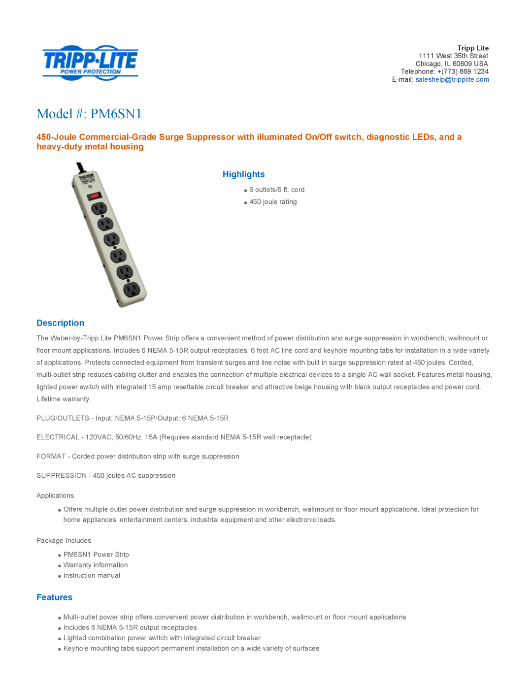 Tripp Lite warranty Highlights, Description, Features, Model # PM6SN1 