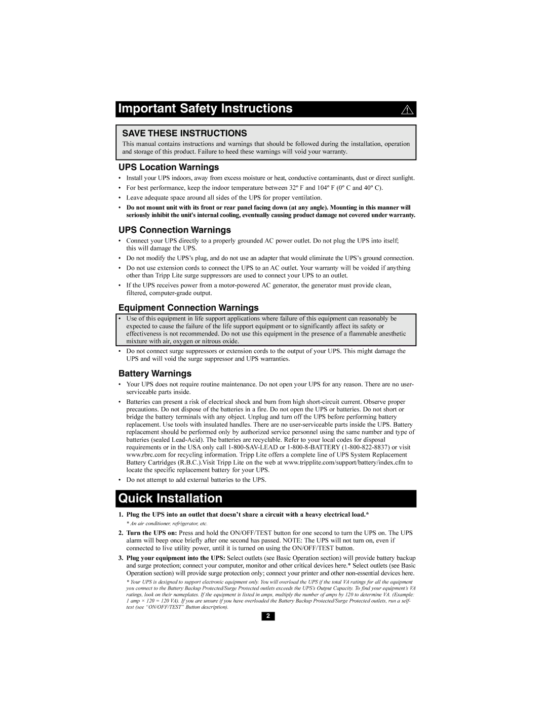 Tripp Lite POS Series UPS Location Warnings, UPS Connection Warnings, Equipment Connection Warnings, Battery Warnings 