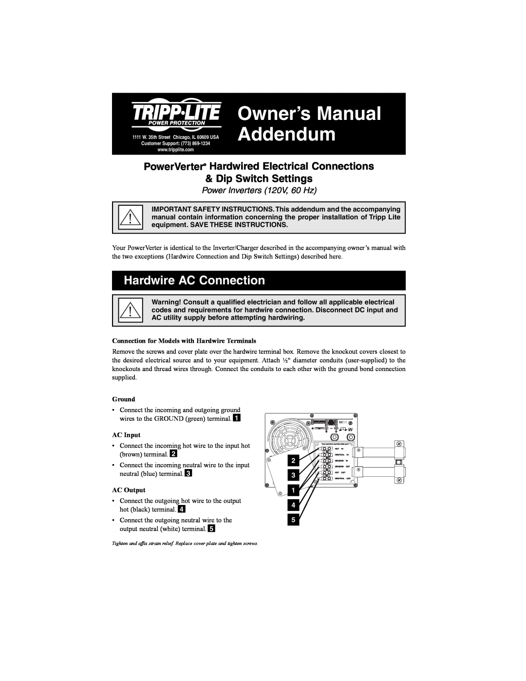 Tripp Lite owner manual Hardwire AC Connection, Owner’s Manual Addendum, Power Inverters 120V, 60 Hz 