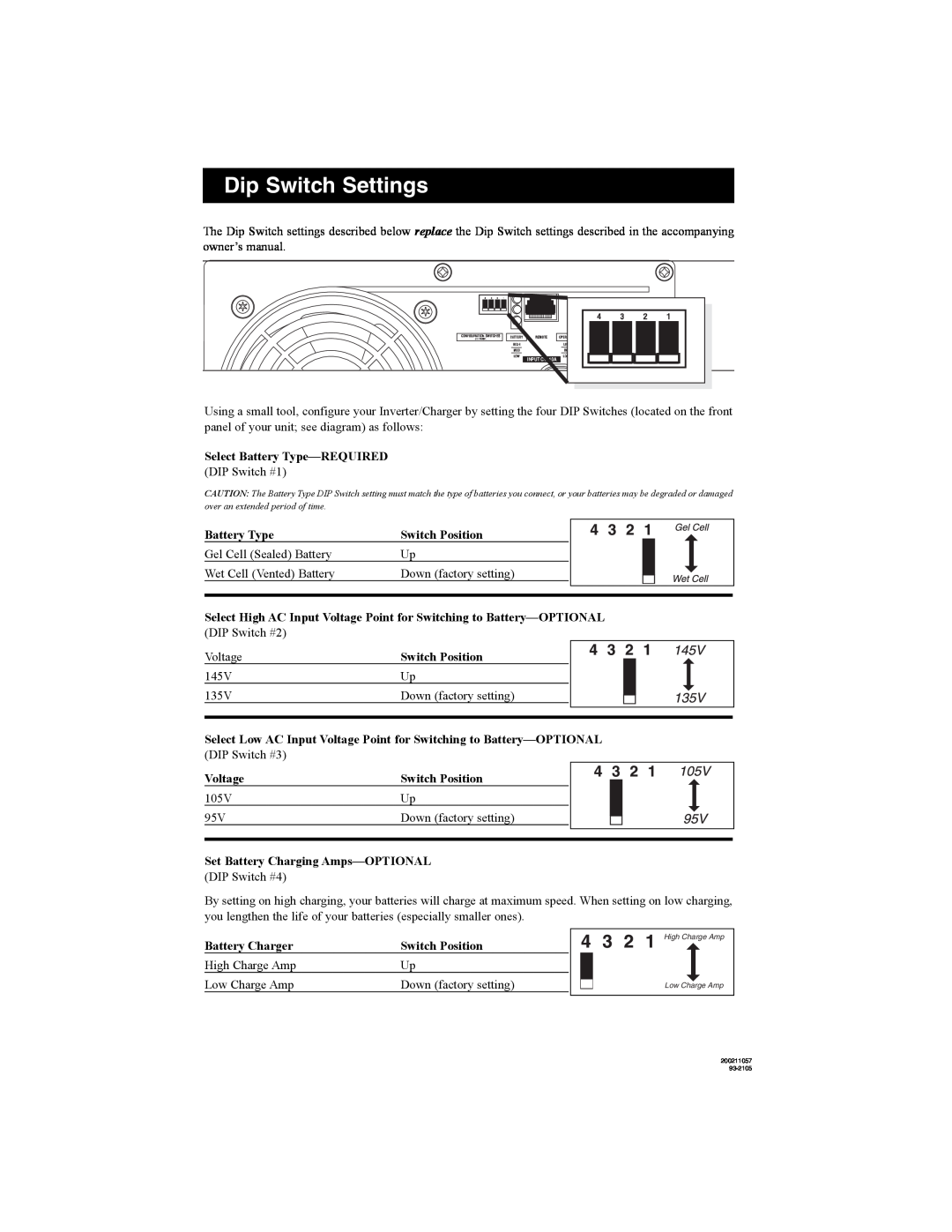 Tripp Lite Power Inverters owner manual Dip Switch Settings, High Charge Amp Low Charge Amp 