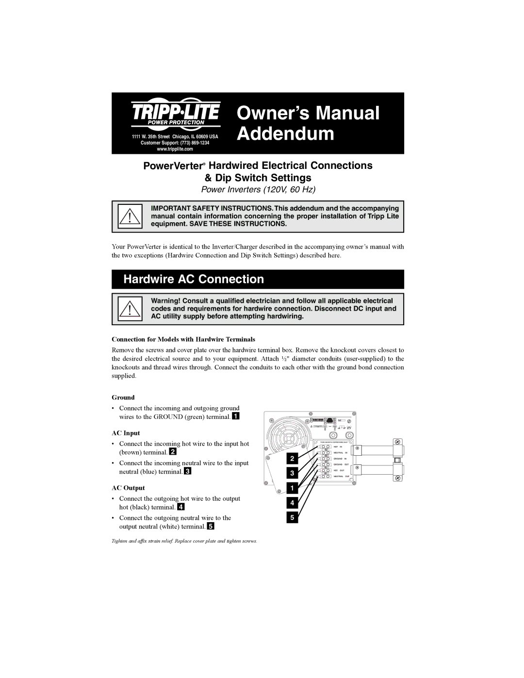 Tripp Lite owner manual Hardwire AC Connection, Power Inverters 120V, 60 Hz 