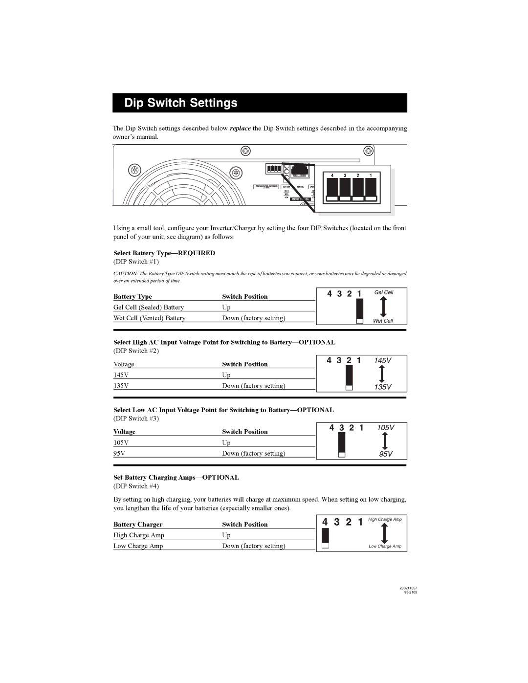 Tripp Lite Power Inverters owner manual Dip Switch Settings, Select Battery Type-REQUIRED, Battery Type Switch Position 