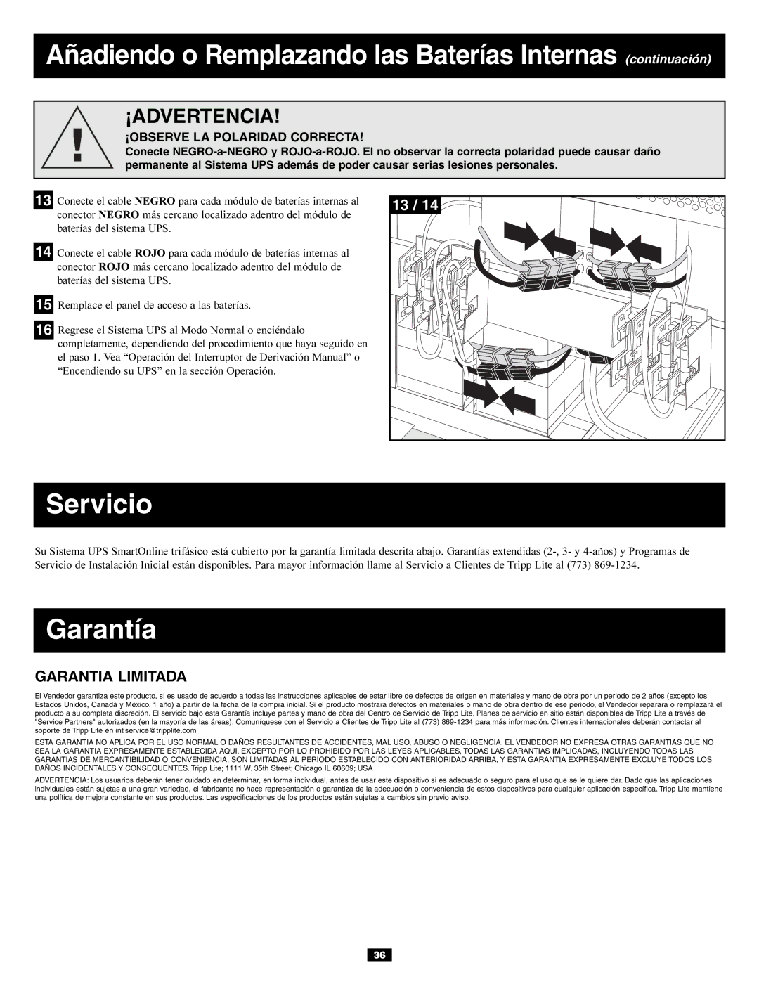 Tripp Lite Power Supply owner manual Servicio, Garantía, Garantia Limitada, ¡OBSERVE LA Polaridad Correcta 