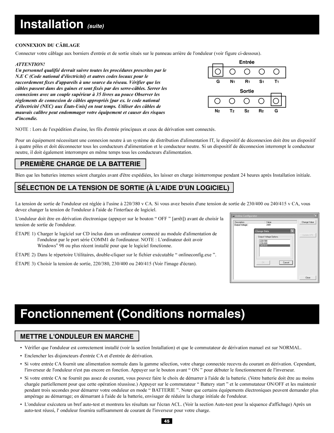 Tripp Lite Power Supply owner manual Installation suite, Fonctionnement Conditions normales, Première Charge DE LA Batterie 