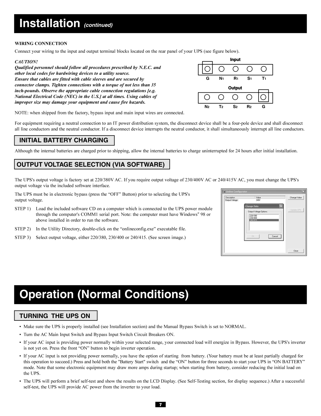 Tripp Lite Power Supply Operation Normal Conditions, Initial Battery Charging, Output Voltage Selection VIA Software 