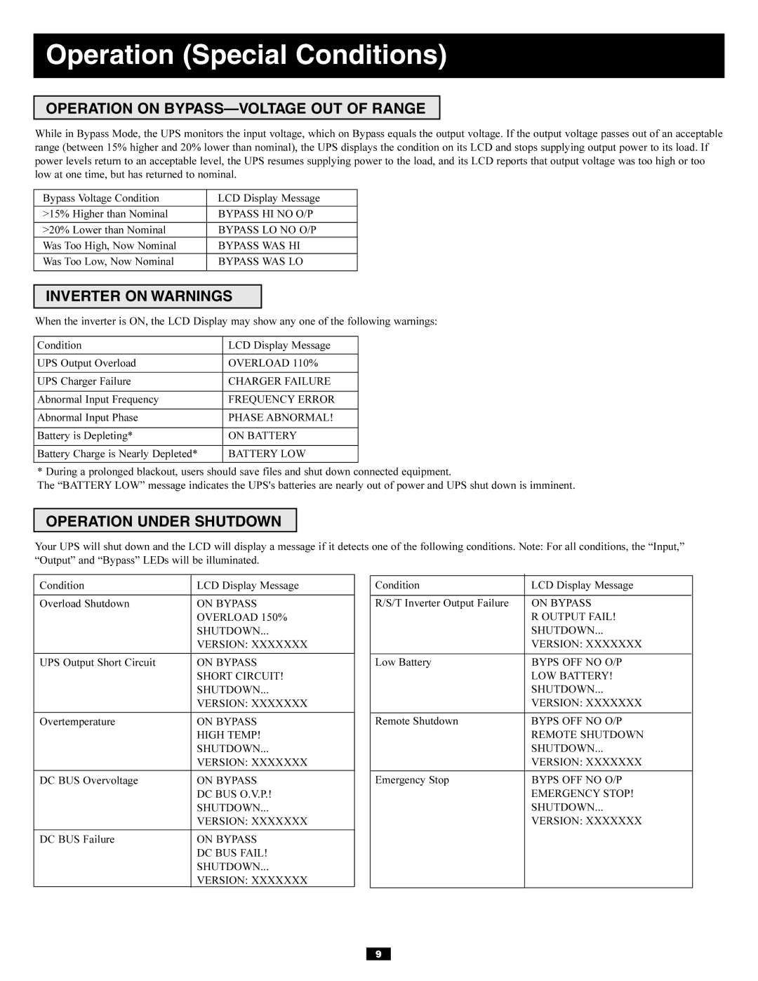 Tripp Lite Power Supply Operation Special Conditions, Operation on BYPASS-VOLTAGE OUT of Range, Inverter on Warnings 