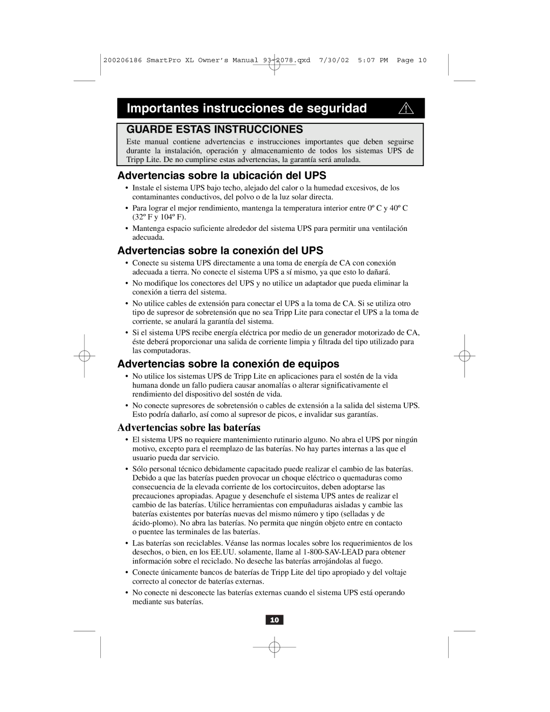 Tripp Lite Power Suppy owner manual Importantes instrucciones de seguridad, Advertencias sobre la ubicación del UPS 