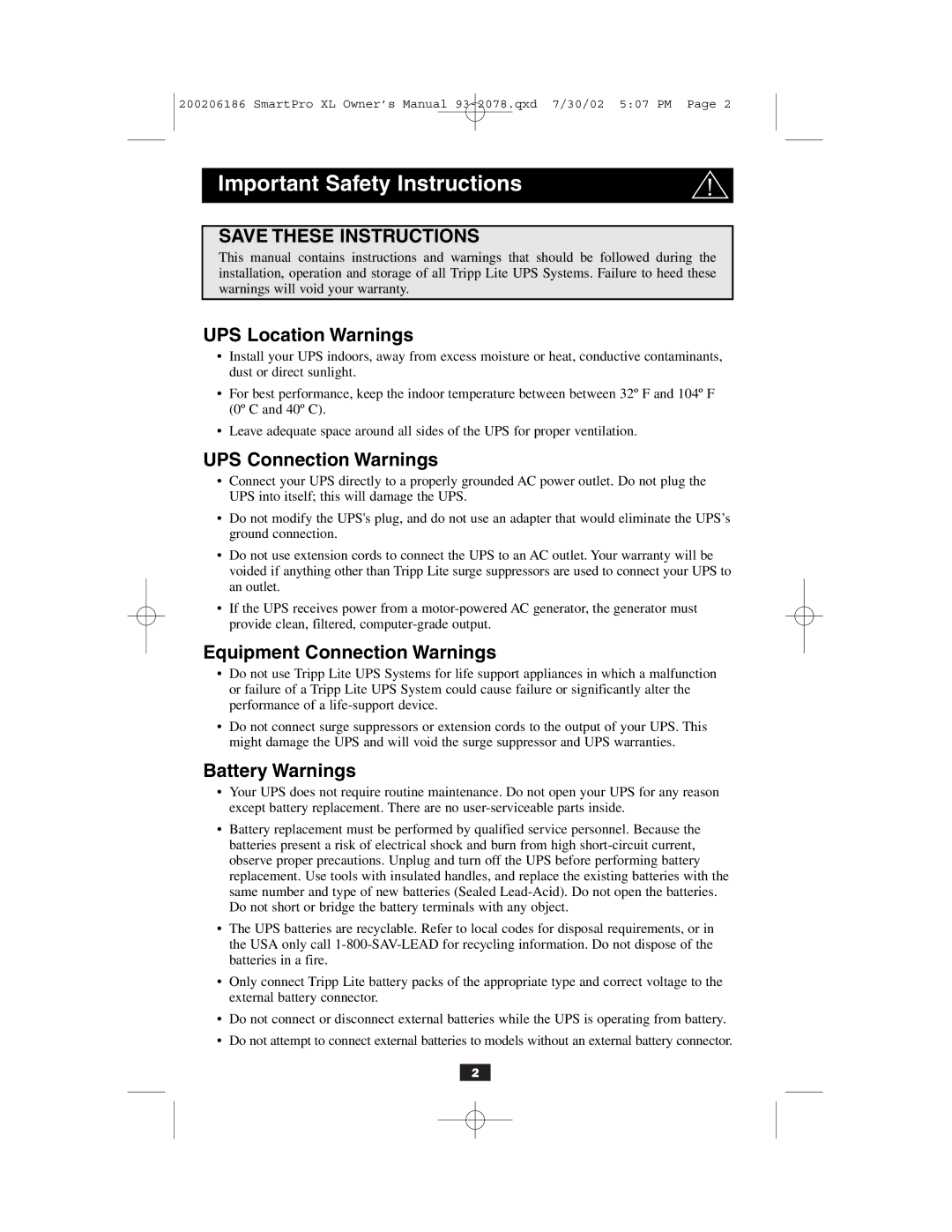 Tripp Lite Power Suppy Important Safety Instructions, UPS Location Warnings, UPS Connection Warnings, Battery Warnings 