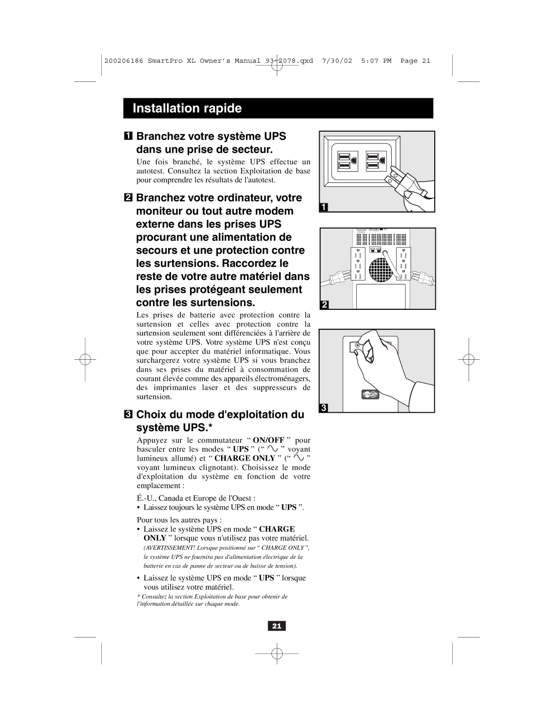 Tripp Lite Power Suppy Branchez votre système UPS Dans une prise de secteur, Choix du mode dexploitation du Système UPS 