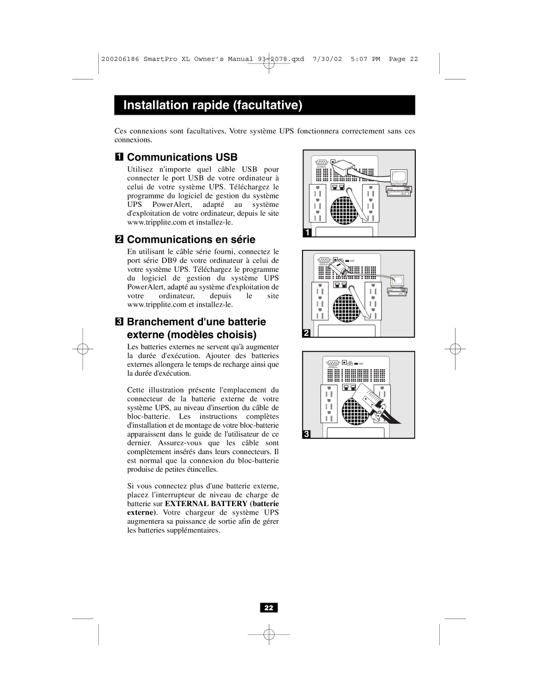 Tripp Lite Power Suppy owner manual Installation rapide facultative, Communications USB Communications en série 