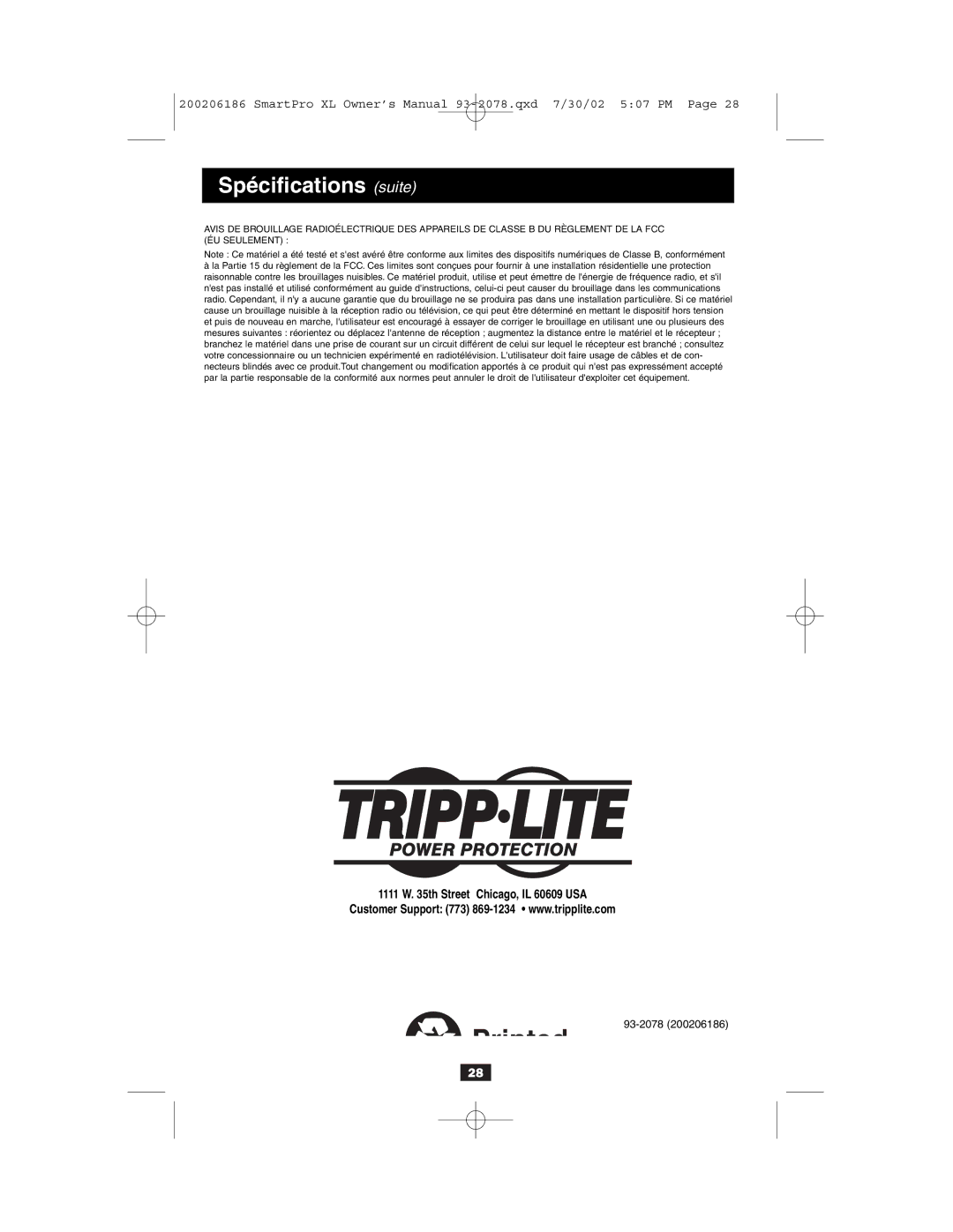 Tripp Lite Power Suppy owner manual Spécifications suite 