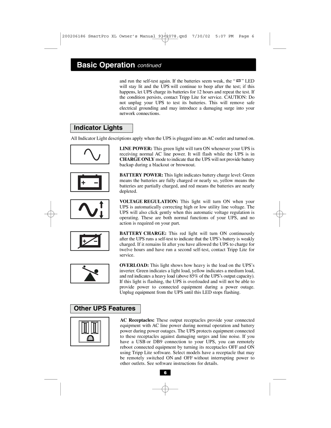 Tripp Lite Power Suppy owner manual Indicator Lights, Other UPS Features 