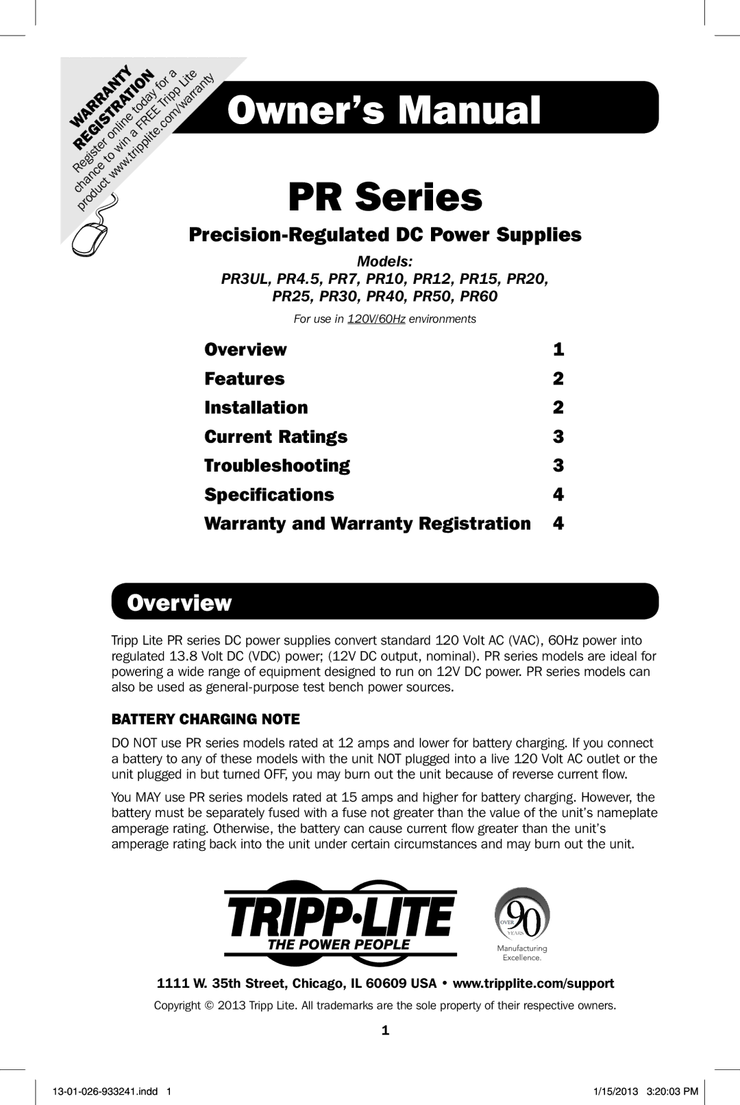 Tripp Lite PR 15 owner manual PR Series, Overview 