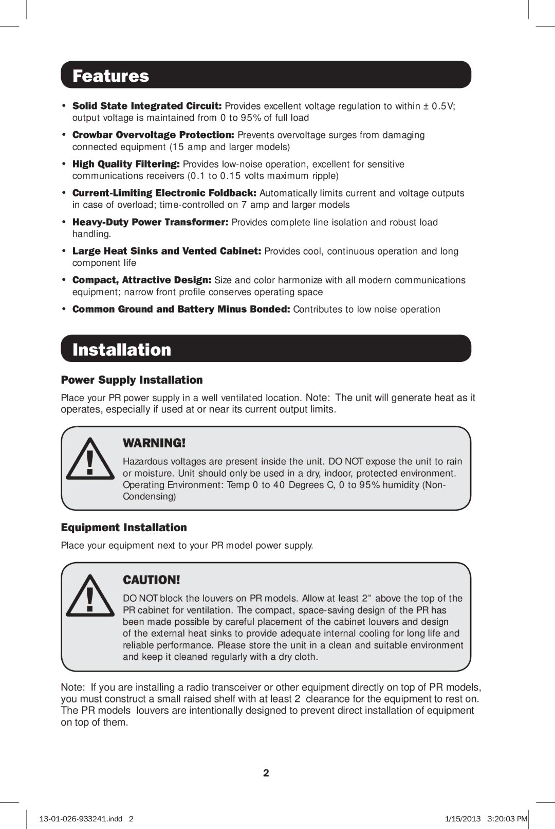 Tripp Lite PR 15 owner manual Features, Power Supply Installation, Equipment Installation 