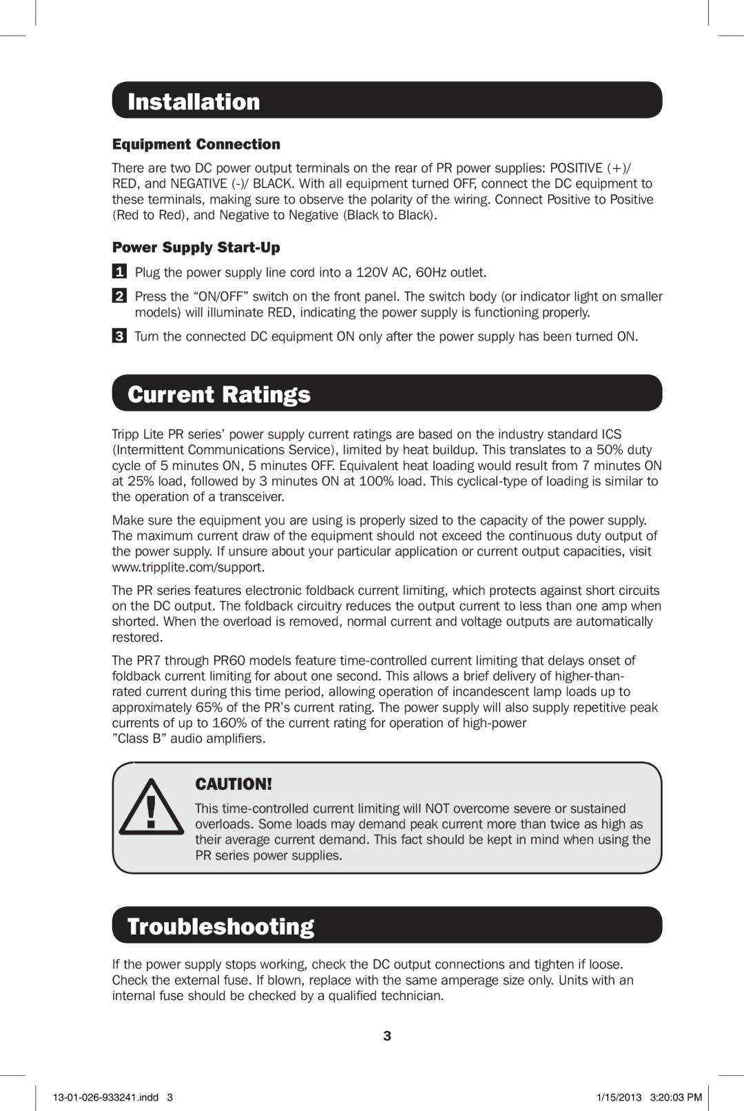 Tripp Lite PR 15 owner manual Current Ratings, Troubleshooting, Equipment Connection, Power Supply Start-Up 