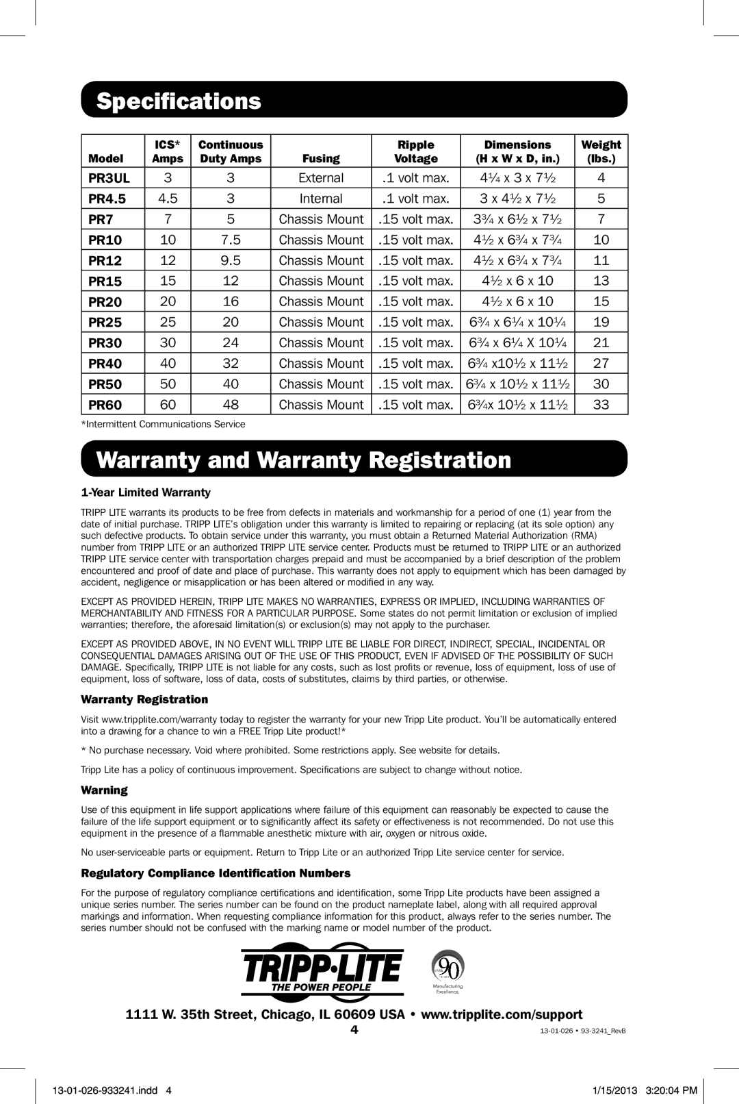 Tripp Lite PR 15 owner manual Specifications, Warranty and Warranty Registration 