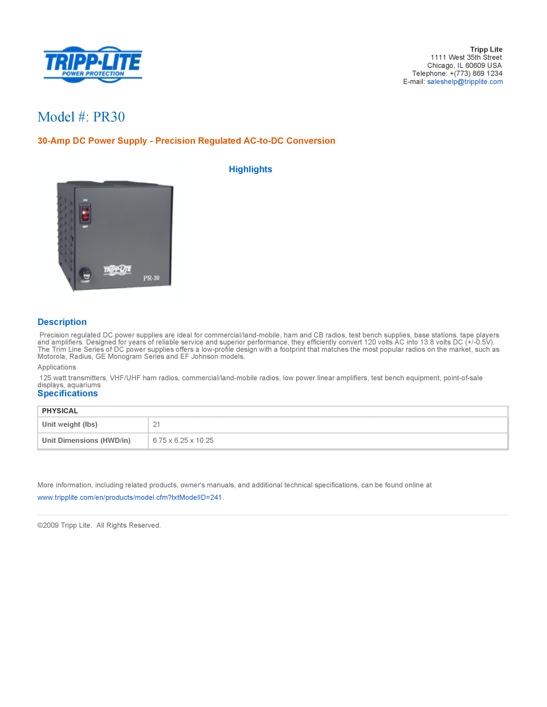 Tripp Lite PR 30 specifications Model # PR30, Amp DC Power Supply - Precision Regulated AC-to-DC Conversion, Tripp Lite 