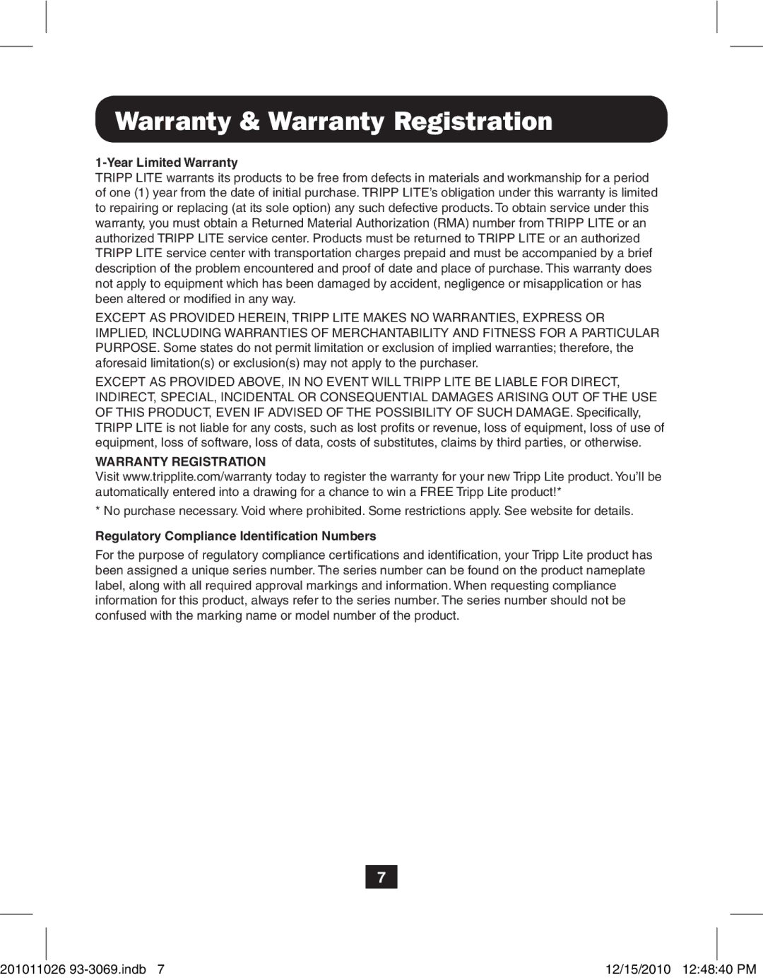 Tripp Lite PR-PR04 warranty Warranty & Warranty Registration, Year Limited Warranty 