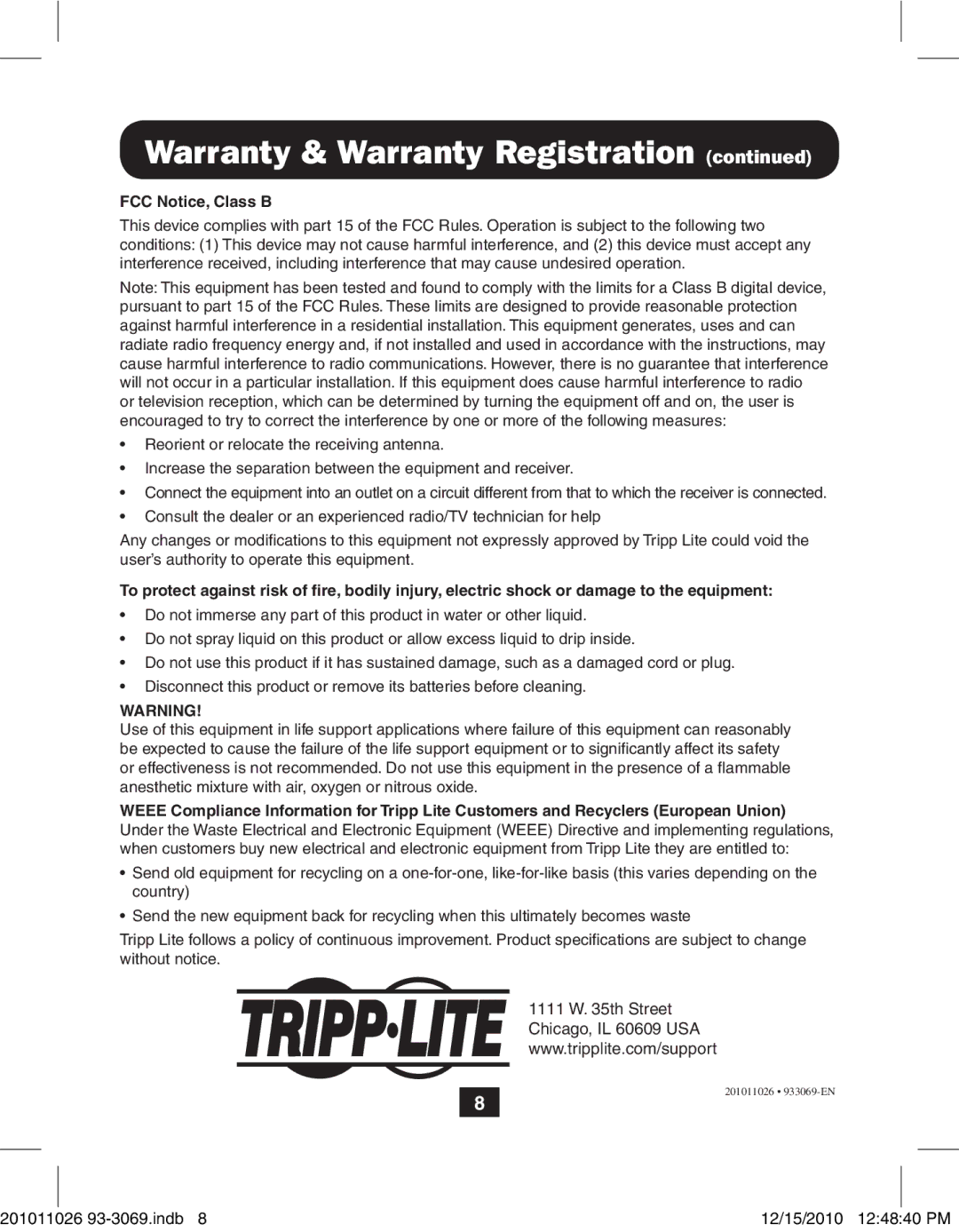 Tripp Lite PR-PR04 warranty FCC Notice, Class B 