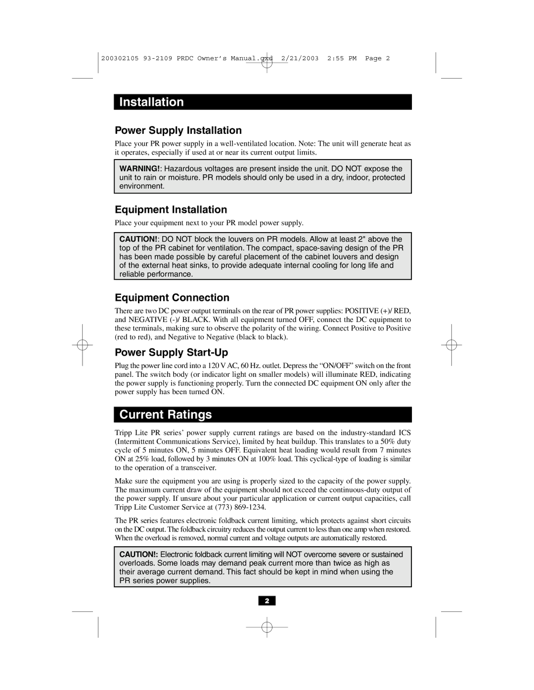Tripp Lite PR4.5, PR15, PR12, PR 25, PR 3UL, PR 10, PR20, PR7 owner manual Installation, Current Ratings 