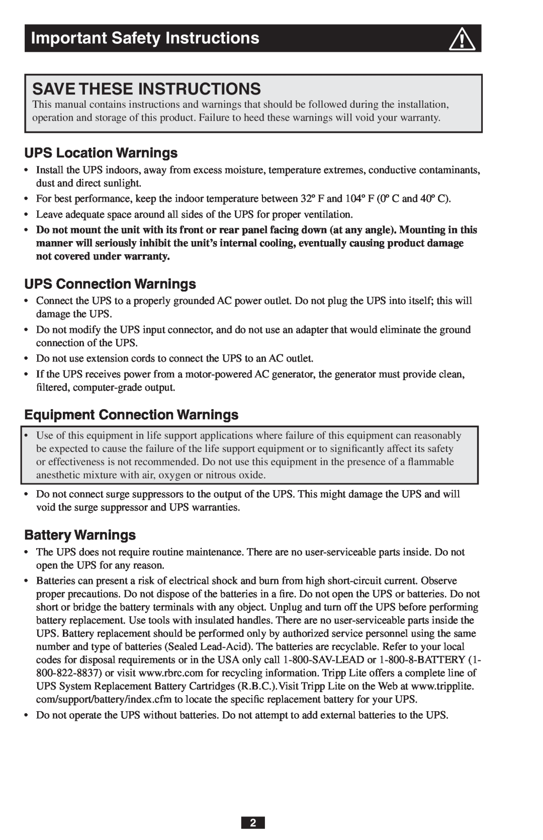 Tripp Lite PRO550 Important Safety Instructions, Save These Instructions, UPS Location Warnings, UPS Connection Warnings 
