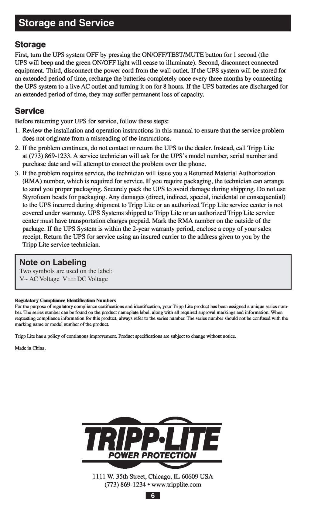 Tripp Lite PRO550 owner manual Storage and Service, Note on Labeling 