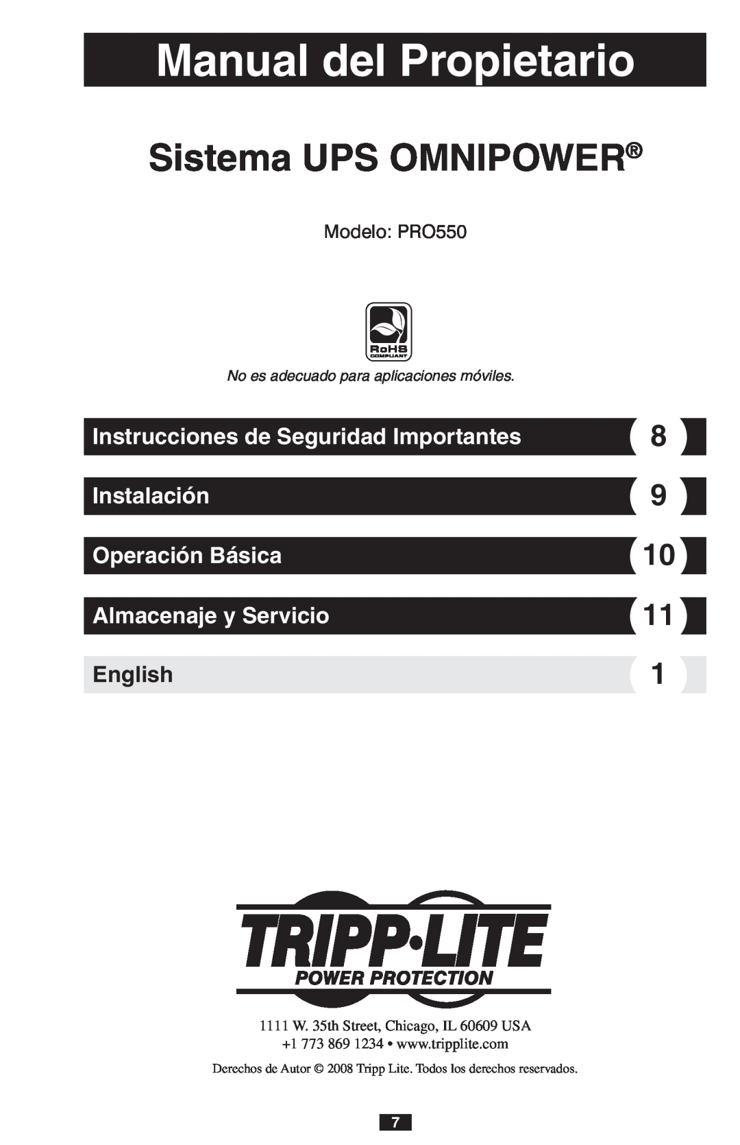 Tripp Lite owner manual Manual del Propietario, Sistema UPS OMNIPOWER, Almacenaje y Servicio, English, Modelo PRO550 