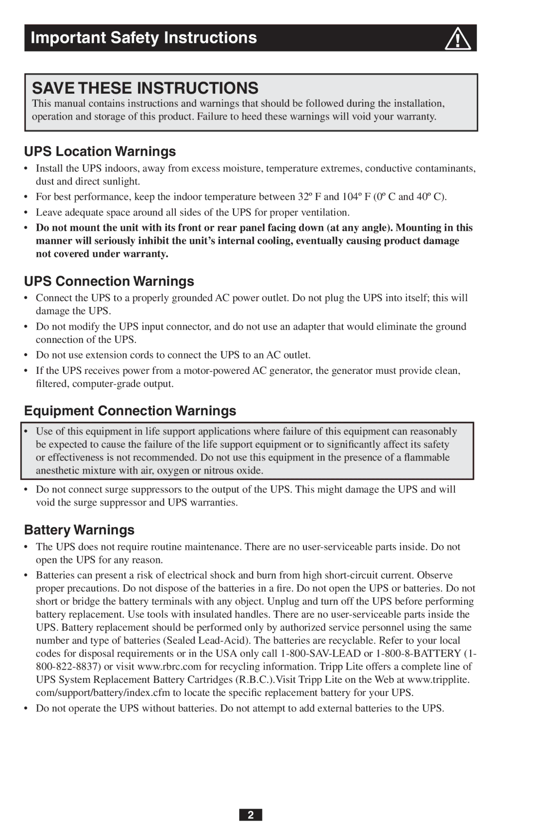 Tripp Lite PRO550 Important Safety Instructions, UPS Location Warnings, UPS Connection Warnings, Battery Warnings 