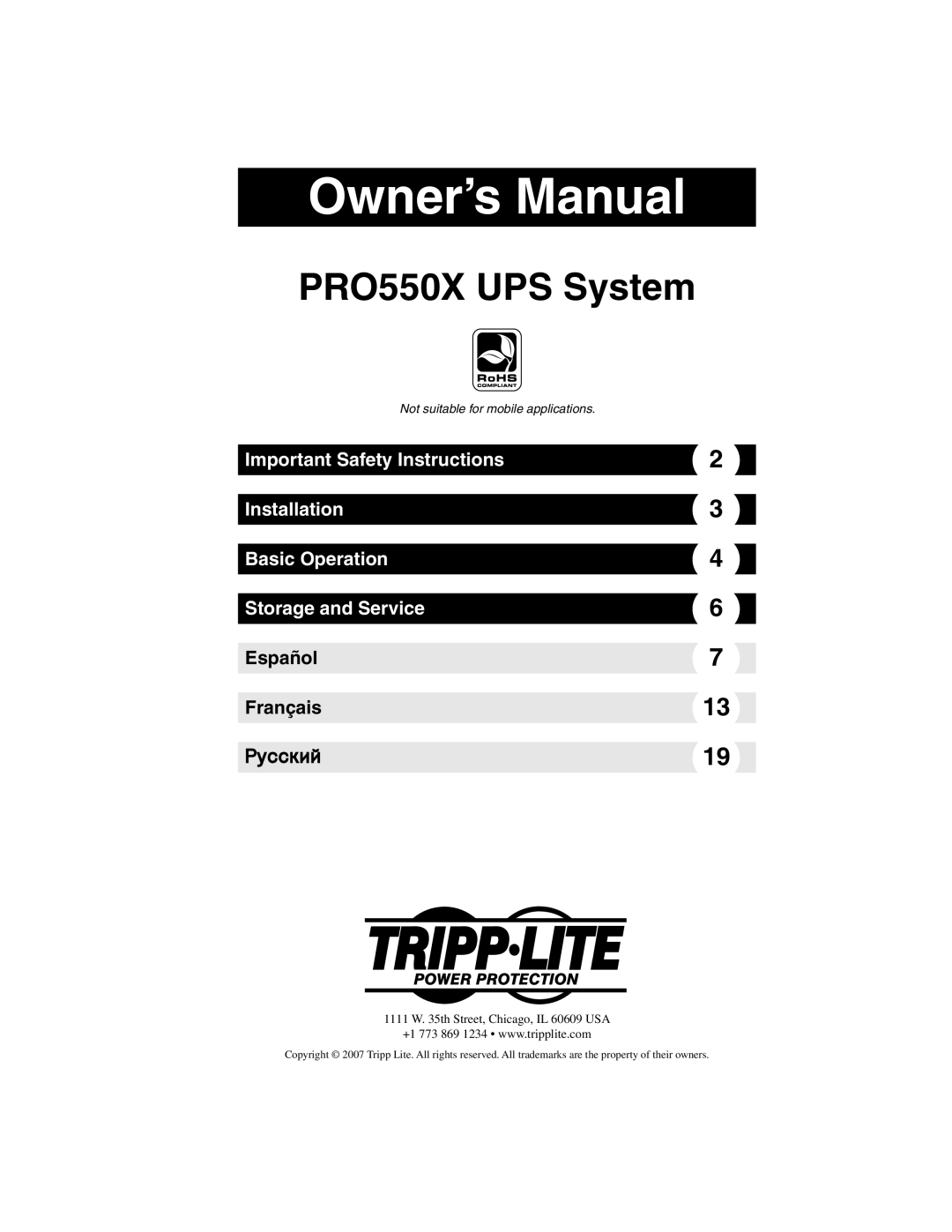 Tripp Lite owner manual PRO550X UPS System, Th Street, Chicago, IL 60609 USA 