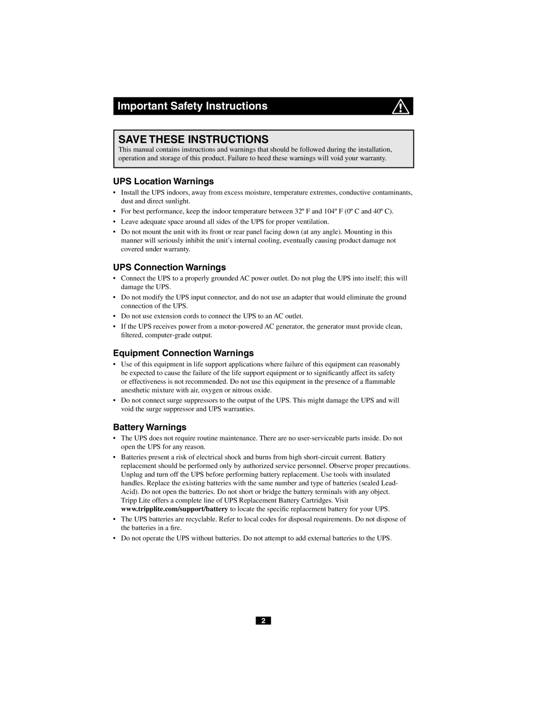 Tripp Lite PRO550X UPS Location Warnings, UPS Connection Warnings, Equipment Connection Warnings, Battery Warnings 