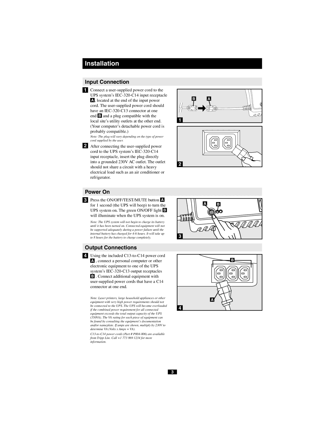 Tripp Lite PRO550X owner manual Input Connection, Power On, Output Connections 